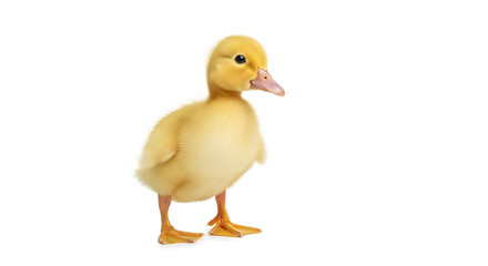 Adorable yellow duckling standing and looking right, cute baby duck looking sideways with white background, domestic farm animal with fluffy soft plumage in studio