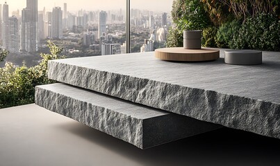 Stone slabs and urban scenery create a modern outdoor setting