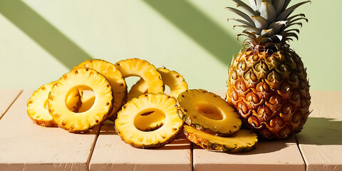 Fresh Pineapple Rings on Light Wooden Surface

