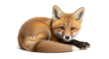 Fototapeta premium Adorable Red Fox Kit Curled Up on White Background, A Young Fox with Bright Eyes Lying Down Looking Alert