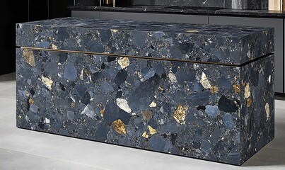 A modern kitchen island made with dark speckled stone material