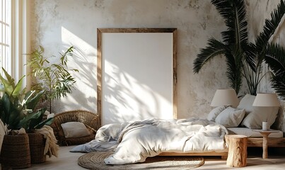 A bright and airy bedroom with natural decor and large frame