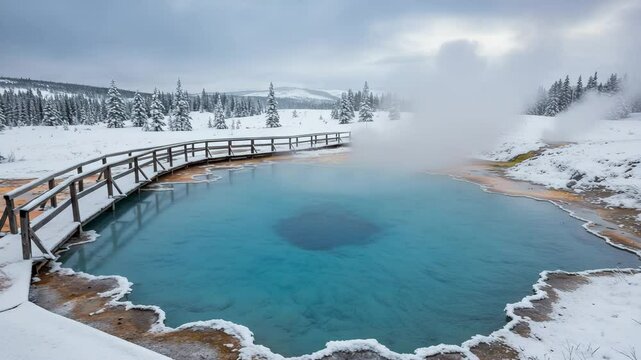 Scenic geothermal hot spring with a wooden footbridge surrounded by snowy forest and mountains. A serene winter travel destination highlighting the contrast between warmth and cold.