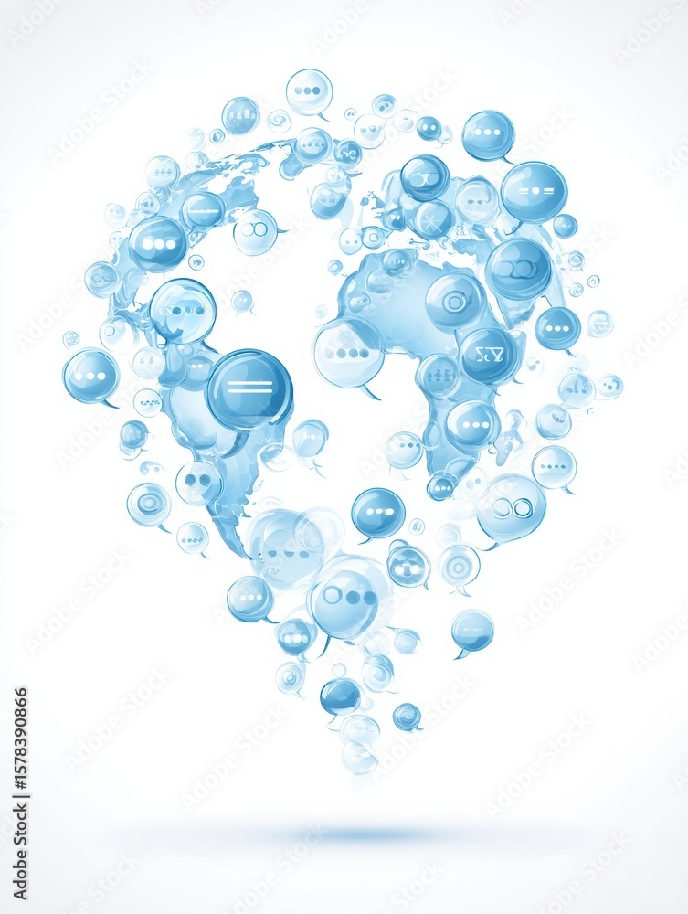 Poster floating language translation bubbles surround globe icon in a clean design promoting global communi