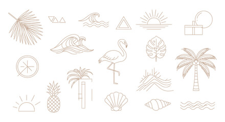 Tropical Summer Line Art Icons Palm Flamingo Wave Beach  Sunset