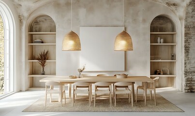 A beautifully designed dining room with wooden furniture and accents