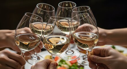 Closeup of group of people toasting with wine glasses at festive dinner table celebrating Thanksgiving together, copy space