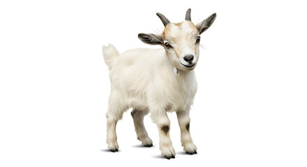 Obraz premium Cute White Goat Kid Portrait with Short Horns and Beard, Playful Baby Goat Posing with Bright Background