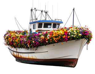 Flower-Adorned Fishing Boat Illustration