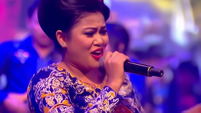 Close-up of a woman singing into a microphone