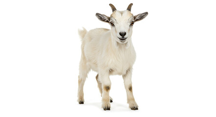 Obraz premium Adorable Baby Goat Standing on White Background, Close-Up Studio Shot of a Young Goat with Small Horns