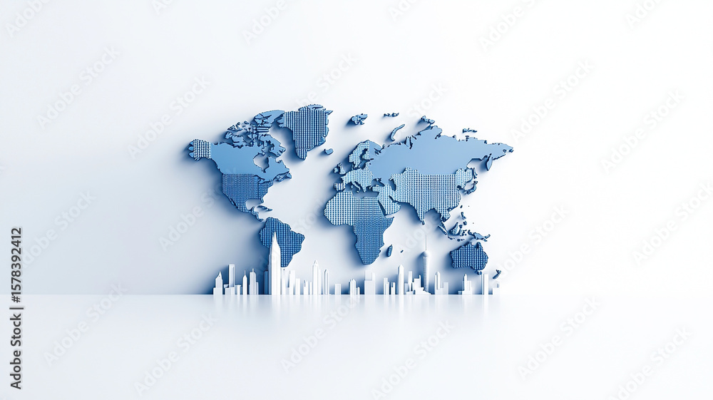 Poster modern world map design featuring blue color scheme with dotted patterns, complemented by skyline si