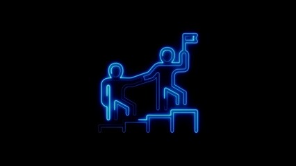 Teamwork and leadership symbolic representation achieving success with neon style illustration on black background