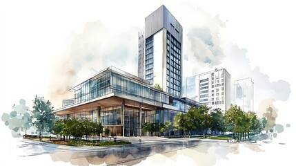 Modern city buildings watercolor illustration