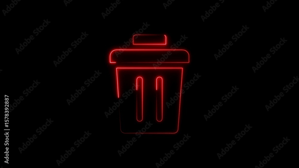 Poster neon red trash can icon against a deep black background for digital design elements