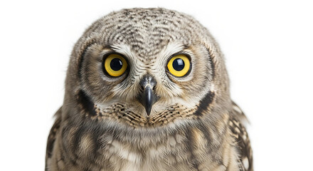 Fototapeta premium Close-Up of an Owl's Face on a White Background, Captivating Portrait of a Wise Owl Staring Intently Ahead