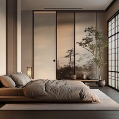 Serene bedroom with minimalist design, featuring a sliding door with scenic mountain landscape, wooden bed, and potted plant
