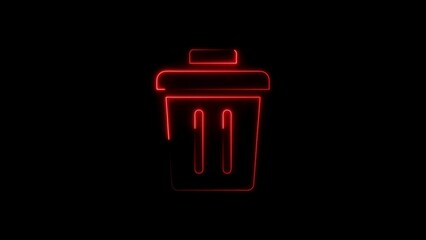 Neon red trash can icon against a deep black background for digital design elements