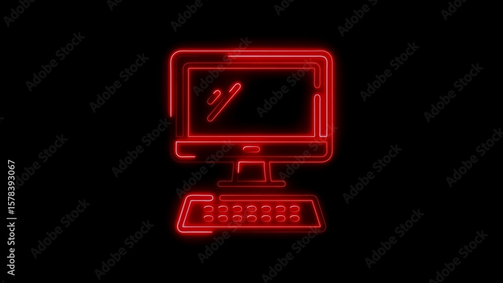 Aufkleber neon style illustration of a desktop computer with keyboard on a black background
