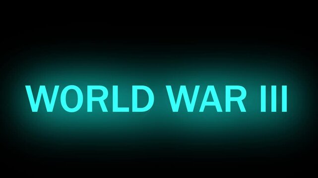 Futuristic neon graphic depicting world war iii and air combat symbol. World war iii concept featuring flying airplane indicating wartime action. World war iii text with flying airplane.