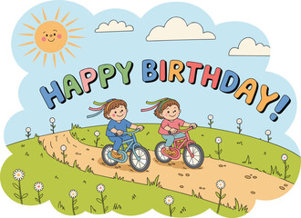 PrintHappy birthday card with cute kids riding bicycles, cartoon illustration, smiling sun, green field, flowers, celebration, cheerful, outdoor, colorful design