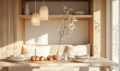 A bright and peaceful dining room with neutral decorations