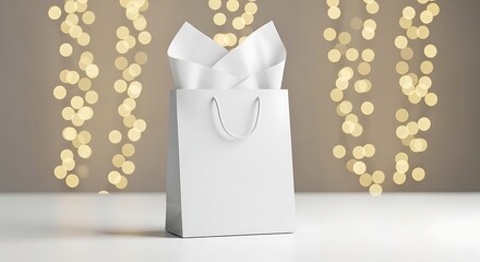 Elegant white shopping bag with tissue paper against a soft bokeh background