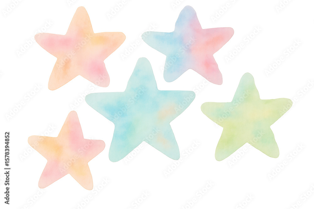 Aufkleber five colorful watercolor stars floating on a transparent background, perfect for adding a touch of w