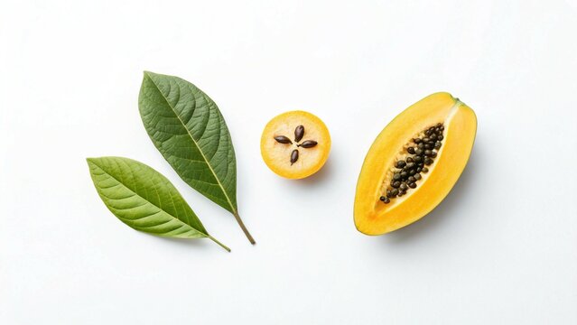 Minimalist Still Life of Cut Papaya Mamey Sapote and Green Leaves