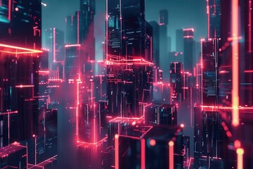Obraz premium minimalist futuristic cityscape with glowing neon blockchain nodes interconnected by thin light lines dark background on central node .