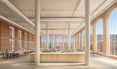 An open modern office space with high ceilings and many windows