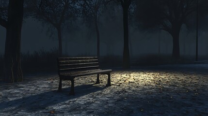 Park bench at night in winter park