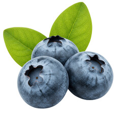 Three plump, dark blue blueberries with frosty bloom and crowns, vibrant green leaves, isolated on a bright white background with copy space, ultra-realistic healthy food concept