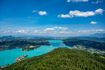 A view from the Pyramidenkogel observation tower on Lake Wörthersee
