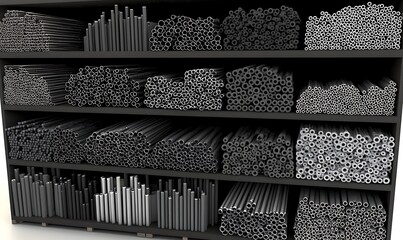 Various Metal Rods and Tubes Neatly Arranged on Shelves Displayed