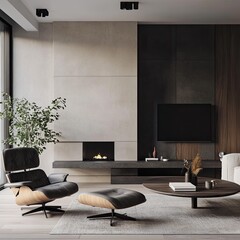 Modern living room with fireplace, armchair, and TV