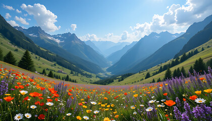 Colorful Spring Valley with Wildflowers and Majestic Mountains