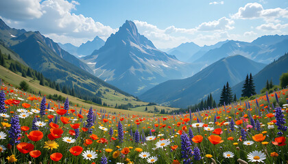 Colorful Spring Valley with Wildflowers and Majestic Mountains