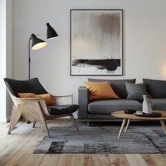 Modern living room with gray sofa, wooden armchair, abstract art, and floor lamp