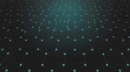 Fototapeta premium Abstract hexagonal network structure with glowing nodes on a dark background