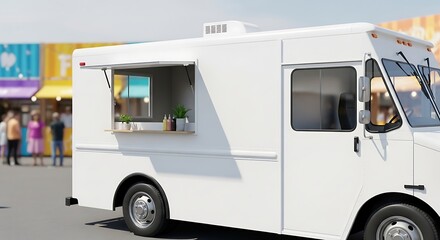 Fototapeta premium Food truck ready for service, parked in a vibrant outdoor market setting, appealing food