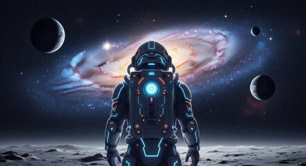 Astronaut exploring a distant galaxy from a lunar surface with planets and nebulae