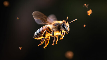 Closeup of a bee flying with pollen particles