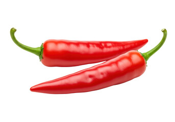 Two vibrant red chili peppers, plump with bright green stems, on a transparent background with ample copy space, ultra-realistic UHD studio product shot, bright diffused lighting, concept for food