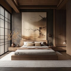 Serene minimalist bedroom with wooden platform bed, large landscape painting, and shoji screen