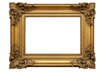 Ornate gold antique rectangular frame, baroque carvings, acanthus leaves, aged patina, 3/4 angle, on a clean white background with copy space, diffused studio lighting, concept of timeless elegance