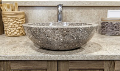 A modern bathroom sink with accompanying personal care items
