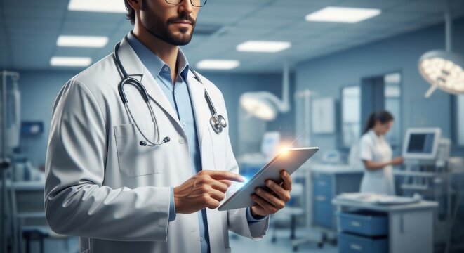 Healthcare professional using digital tablet in modern medical facility - Powered by Adobe