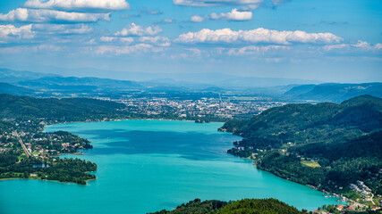 A view from the Pyramidenkogel observation tower on Lake Wörthersee