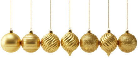 Golden Christmas ornaments with intricate stripes, linear, and geometric patterns, meticulously detailed, suspended against a clean white background with golden glitter, studio shot, concept of